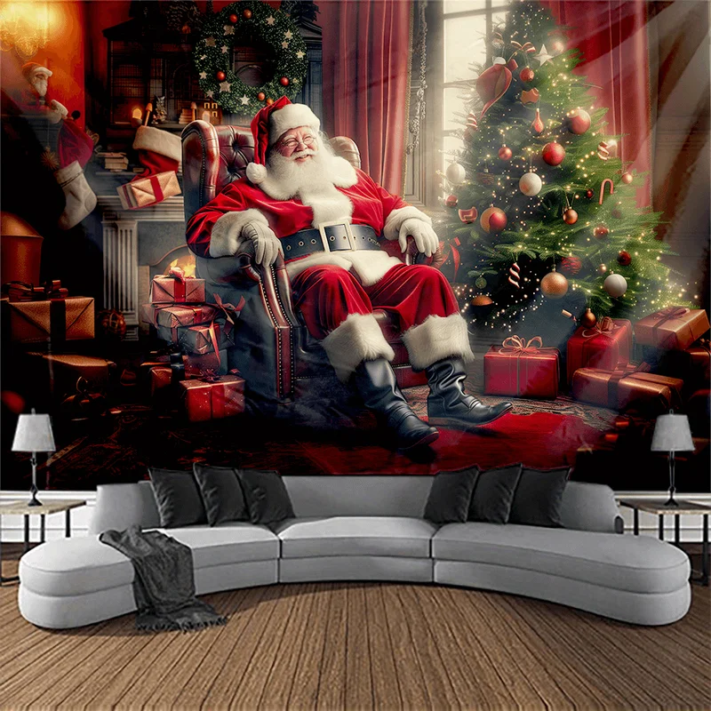 VIKAMA Tapestry Wall Hanging Santa Claus Armchair Fireplace Pine Tree Gifts Soft Washable Living Room Christmas Holiday Decor