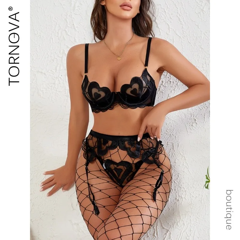 

Tornova Women's Sexy Lace Mesh Four-Piece Set with Gathering Suspender Net Stockings Embroidered Lingerie for Special Occasions