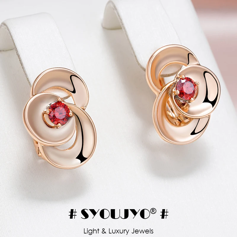 SYOUJYO Red Natural Zirconia Flower Shape Earrings For Women 585 Rose Gold Color Drop Earrings Fine Jewelry