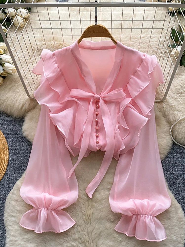 Frühlings-Herbst Französische Süße Rosa Rüschen-V-Ausschnitt-Bluse für Damen, Neue Mode, Langarm, mit Schleife, Elegante Bluse W112