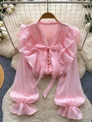 Spring Autumn French Sweet Pink Ruffle V-neck Shirt Women's New Fashion Long Sleeve Bow Tie Up Temperament Top W112