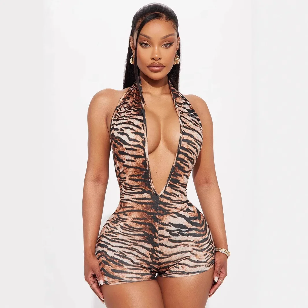 

Лето 2025 г., европейский и американский трансграничный популярный новый модный и сексуальный тонкий комбинезон с глубоким V-образным вырезом и леопардовым принтом на шнуровке