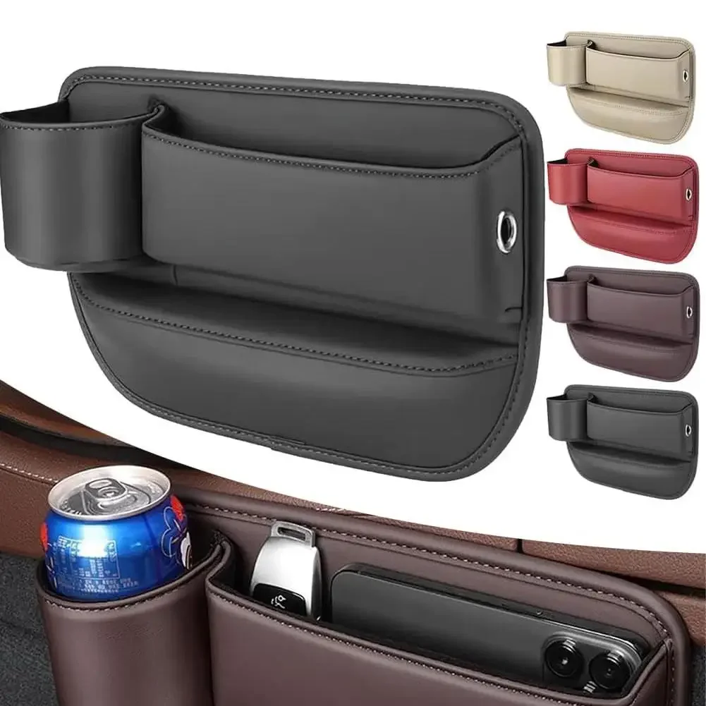 

2024 New Car Seat Storage Box Non-slip PU Leather Organizer With Water Cup Holder Universal Car Seat Filler With Cup Holder