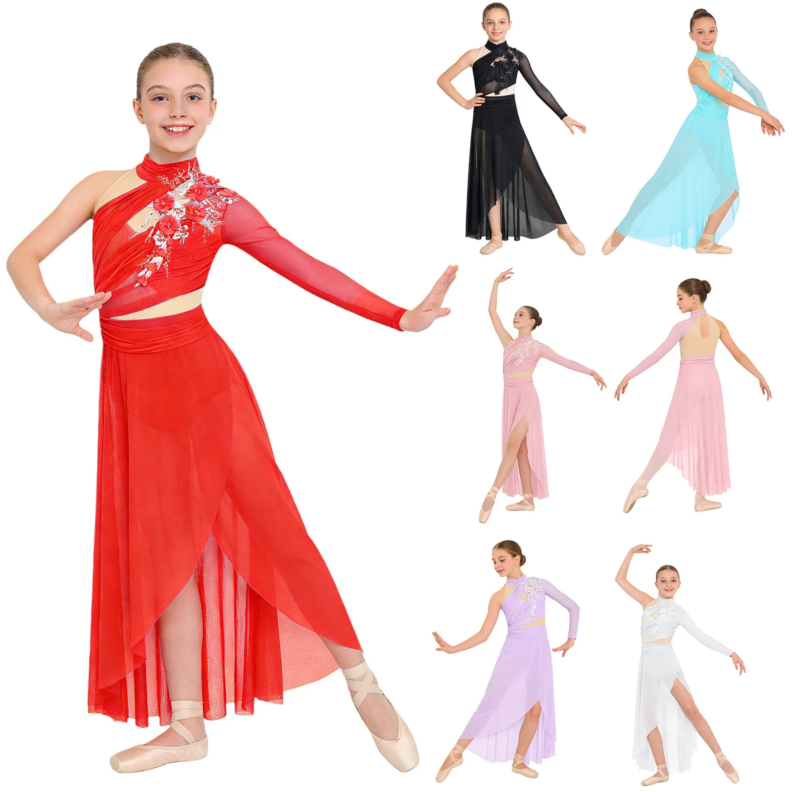 Girls Lyrical Contemporary Dance Dress One-shoulder Applique Sheer Mesh Ballet Figure Skating Artistic Gymnastics Leotard Dress image 4