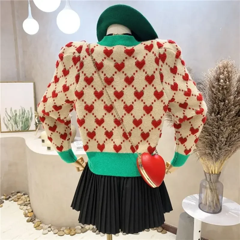 Contrast Heart Jacquard Korean Fashion Sweater Sueters De Mujer Knitted Cardigan Tops Y2k Clothes Cropped  Love Coat