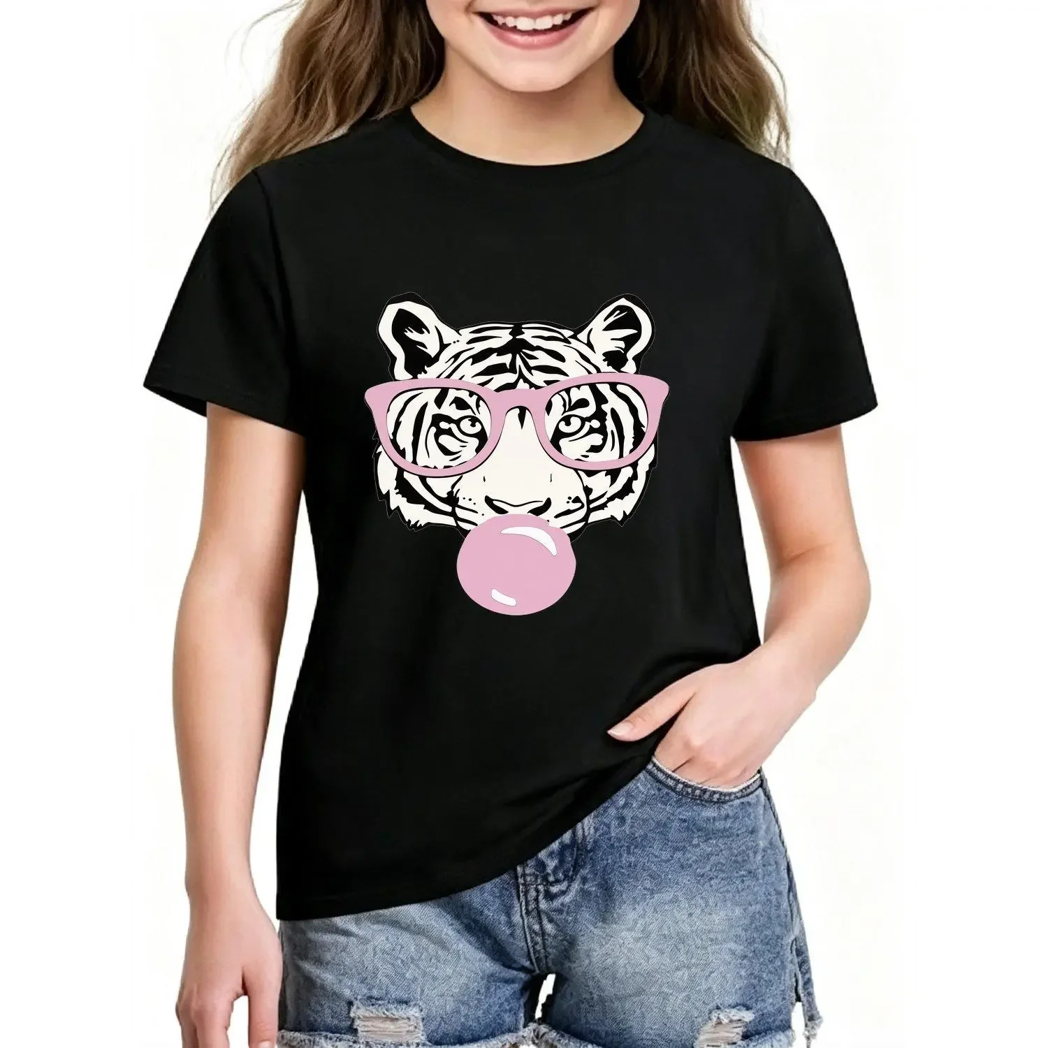 Girls T-shirts Summer Breathable Minimalist Line Drawing Tiger Bubble Gum Fun Pattern Print Summer Wear Summer Fashion Casual Style