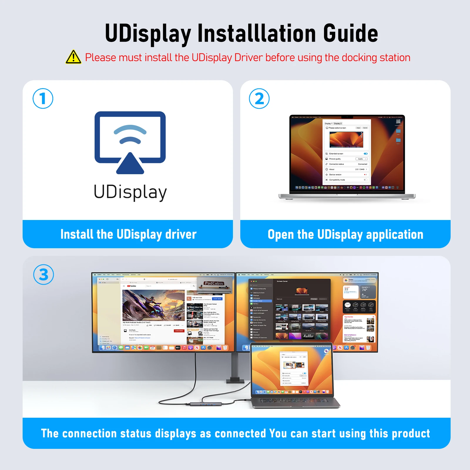 Lemorele USB Hub USB-C إلى محطة إرساء HDMI مزدوجة 4k @ 30 هرتز 6 منافذ USB3.0 Hub MST Type C محطة إرساء لنظام التشغيل Windows / MacOS #4