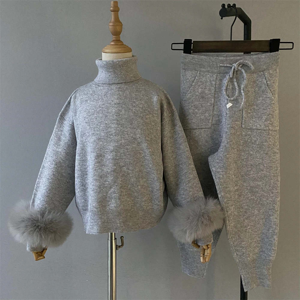Jxwatcher Kids Wool Blend Sweater Set with Real Fur Child Turtleneck Sweater and Kintted Pants Girl Soft Warm 2 Pieces Sets Fall