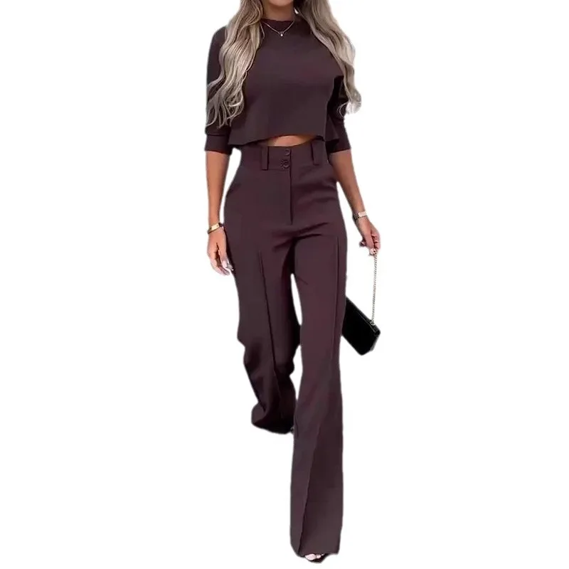 

2026 Spring Women Outfit Trend Elegant 2 Piece Sets Casual Long Sleeve T-shirt Crop Tops And Pant Sets Office Lady Suits
