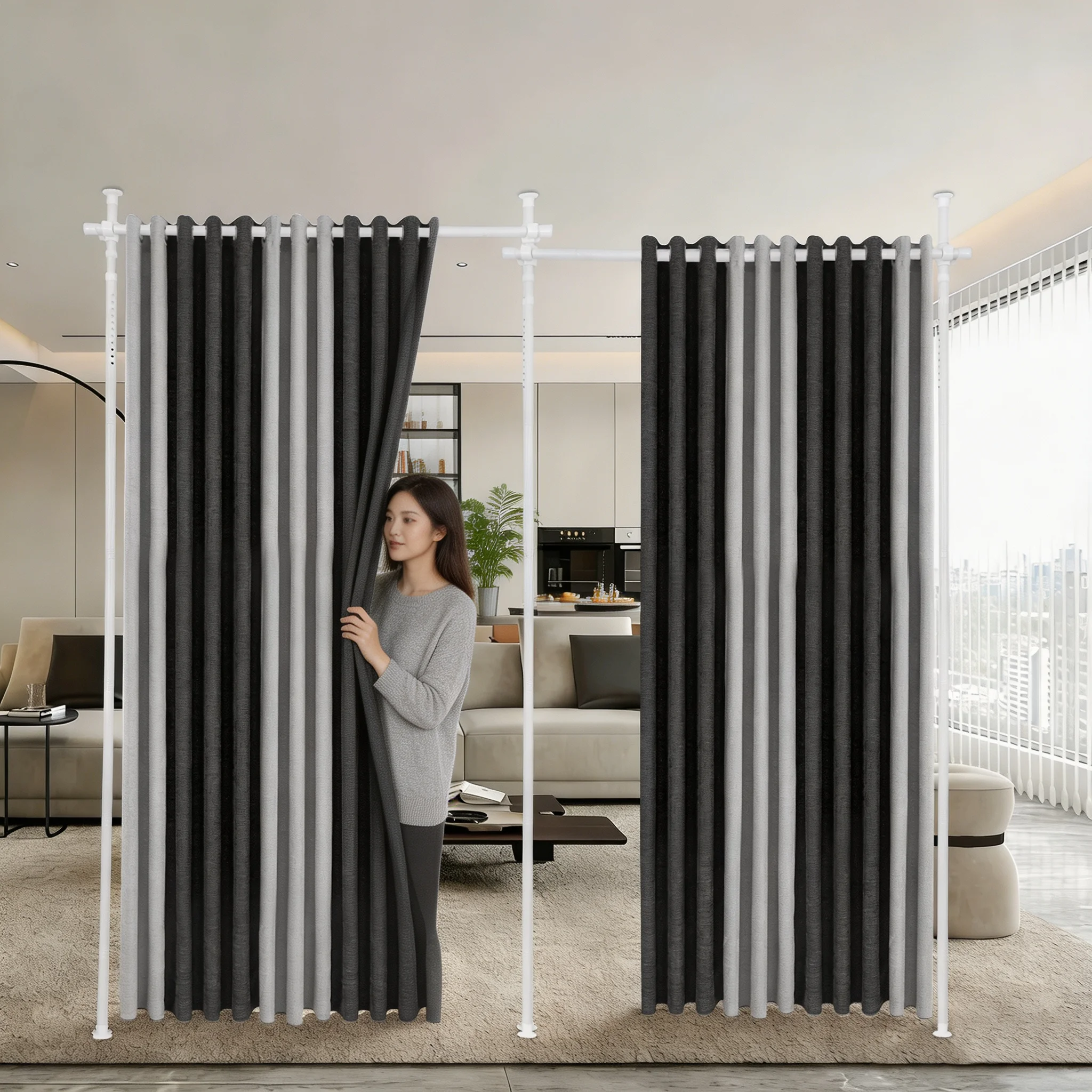 Support de rideau double extensible, barre de rideau séparatrice de pièce, support de rideau vertical réglable en hauteur et en longueur, protection de l'intimité pour balcons, patios, salles de bain