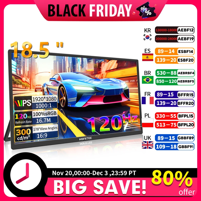 

Портативный игровой монитор HGFRTEE, 18,5 дюймов, 1080P, 16닥 120 Гц, 100% sRGB, 300Cd/m2, дорожный экран для MacBook, ноутбуков, игровых консолей для ПК