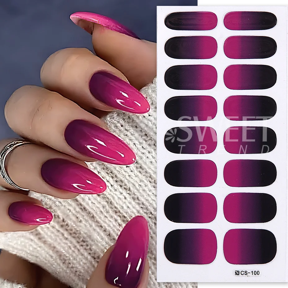 สติกเกอร์เจลสีออมเบรสำหรับเล็บ 6 ชิ้น สีชมพู ฟ้า ไล่เฉด ดีไซน์เรียบง่าย ติดง่าย ปิดเต็มเล็บ พร้อมตะไบและแท่ง