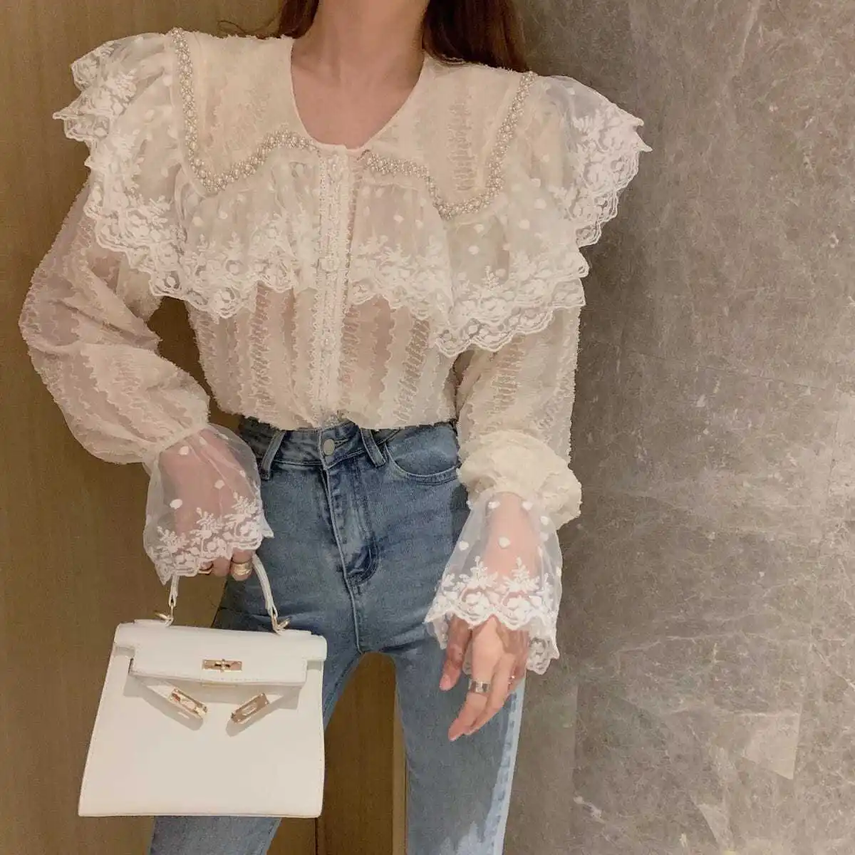 Long Sleeved Shirt for Women, Sensitive Lace Top, Loose Collar, Single Breasted, Spring and Autumn, New Design, 2024