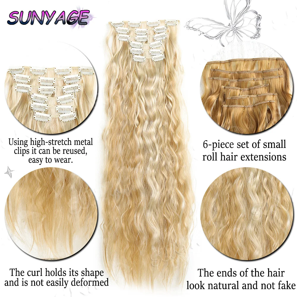 ต่อผมแบบคลิป 16 คลิป ยาว 24 นิ้ว ทรงลอนน้ำ สำหรับผู้หญิง ต่อผมสังเคราะห์แบบเต็มศีรษะ