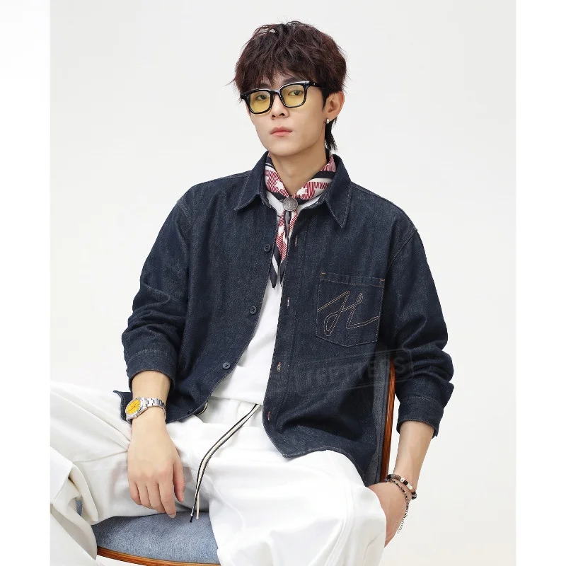 TFETTERS 2026 Men Japanese Vintage Washed Denim Shirt Autumn Campus Commute Simple Letter Embroidery Long Sleeve Blouse Man