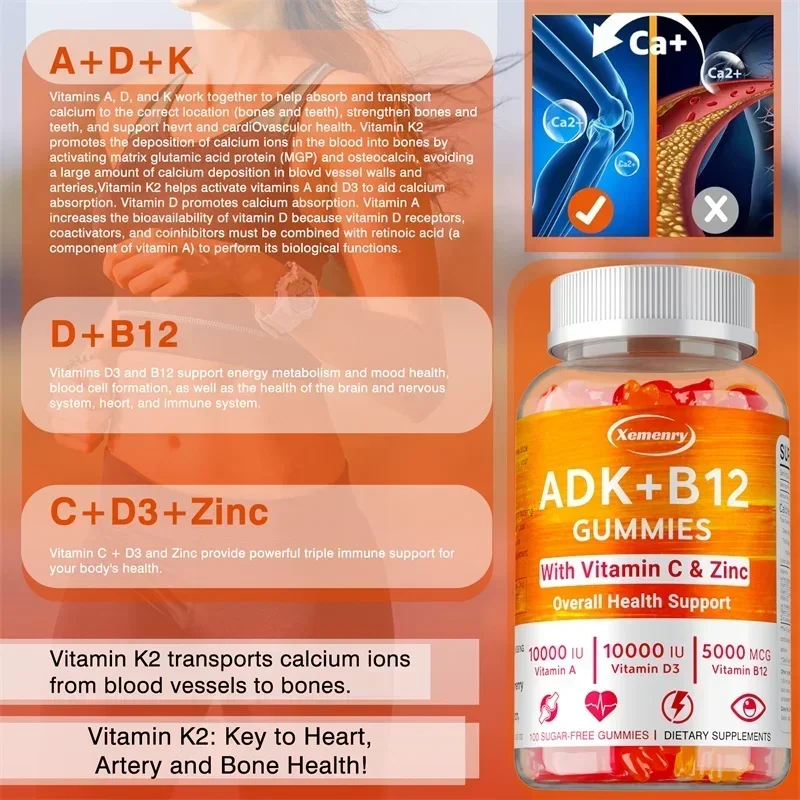 Vitamin D3+K2+B12 Gummies - Supports Bone and Muscle Health, Teeth and Skin, Joint Supplementation, Bone Regeneration