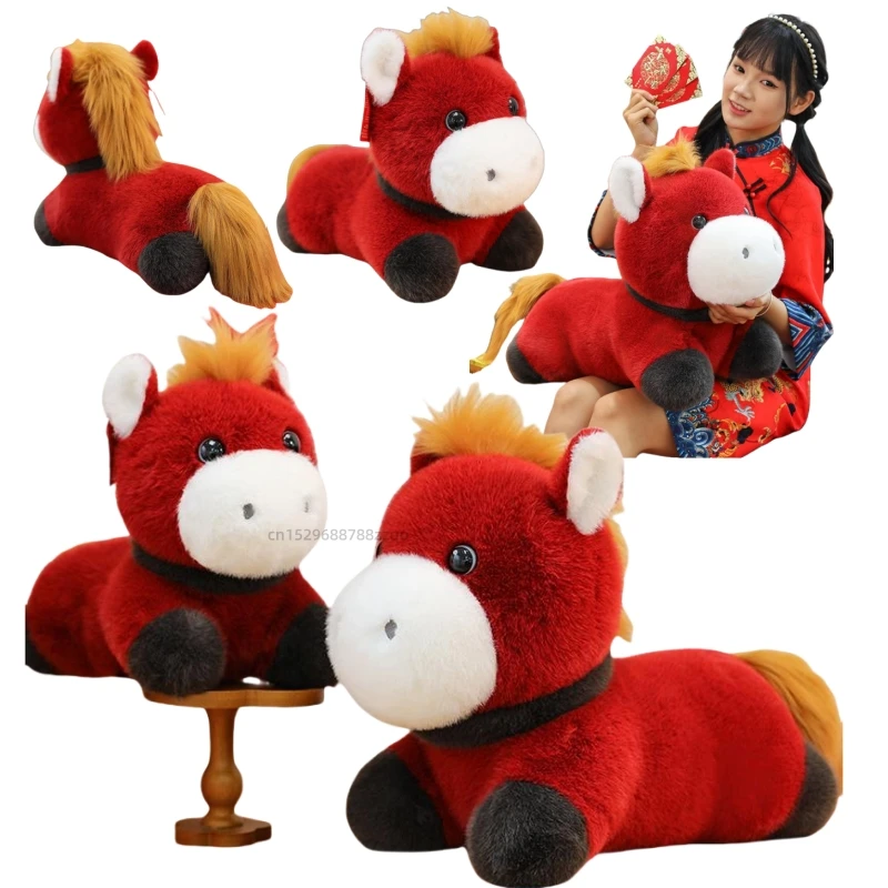 

High Quality Soft Red Lying Horse Collar Collar New Year Lucky Horse Dolls Birthday Gifts New Year Gift Party Decor for Kids