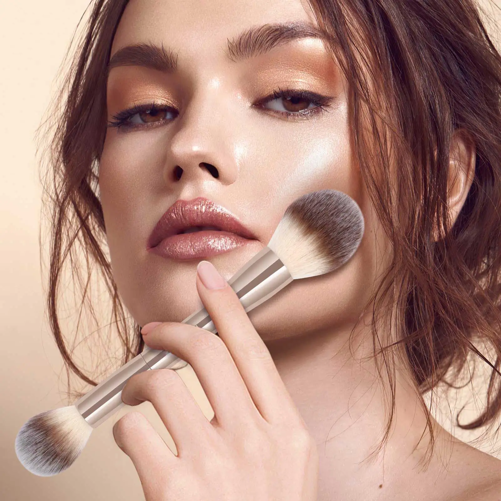 Pennelli per fondotinta, 2 pennelli per trucco a doppia estremità per sfumare polvere liquida, correttore, crema, fard, buffe (Oro)