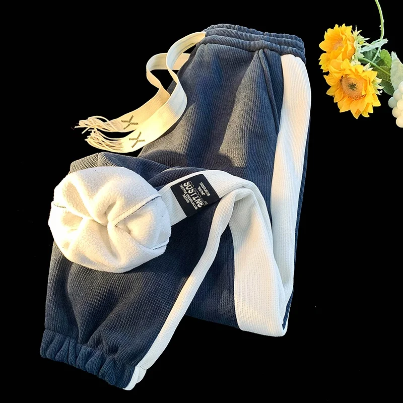 

Мужские зимние утепленные спортивные брюки из вельвета, молодежные, свободного кроя, прямые, в американском стиле, с завязками на талии