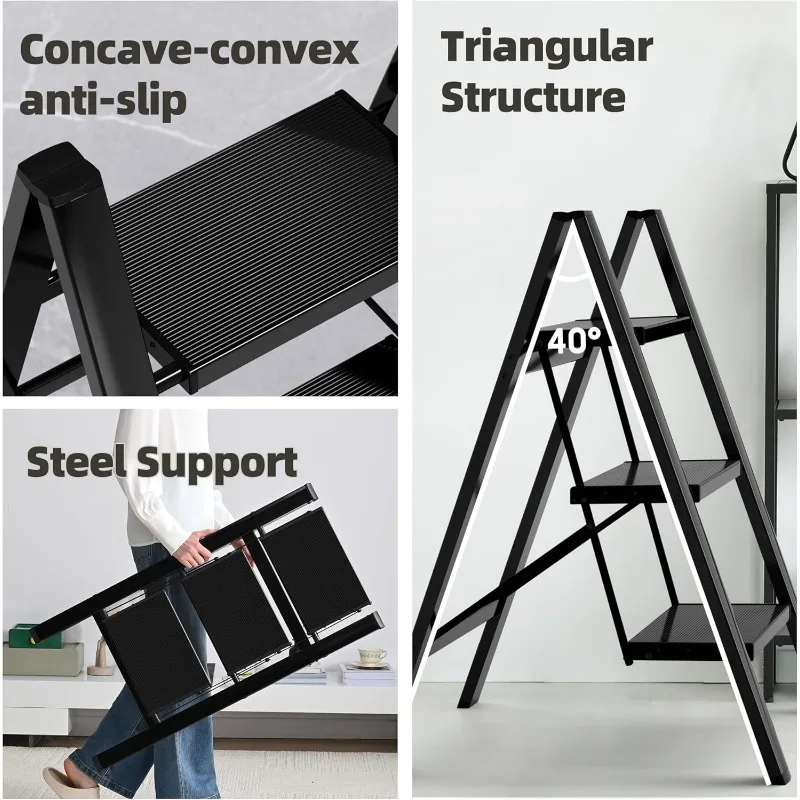 3 Step Ladder, Lightweight Portable 3 Step Stool with Anti-Slip Wide Pedal, 330lbs Capacity Aluminum Ladder