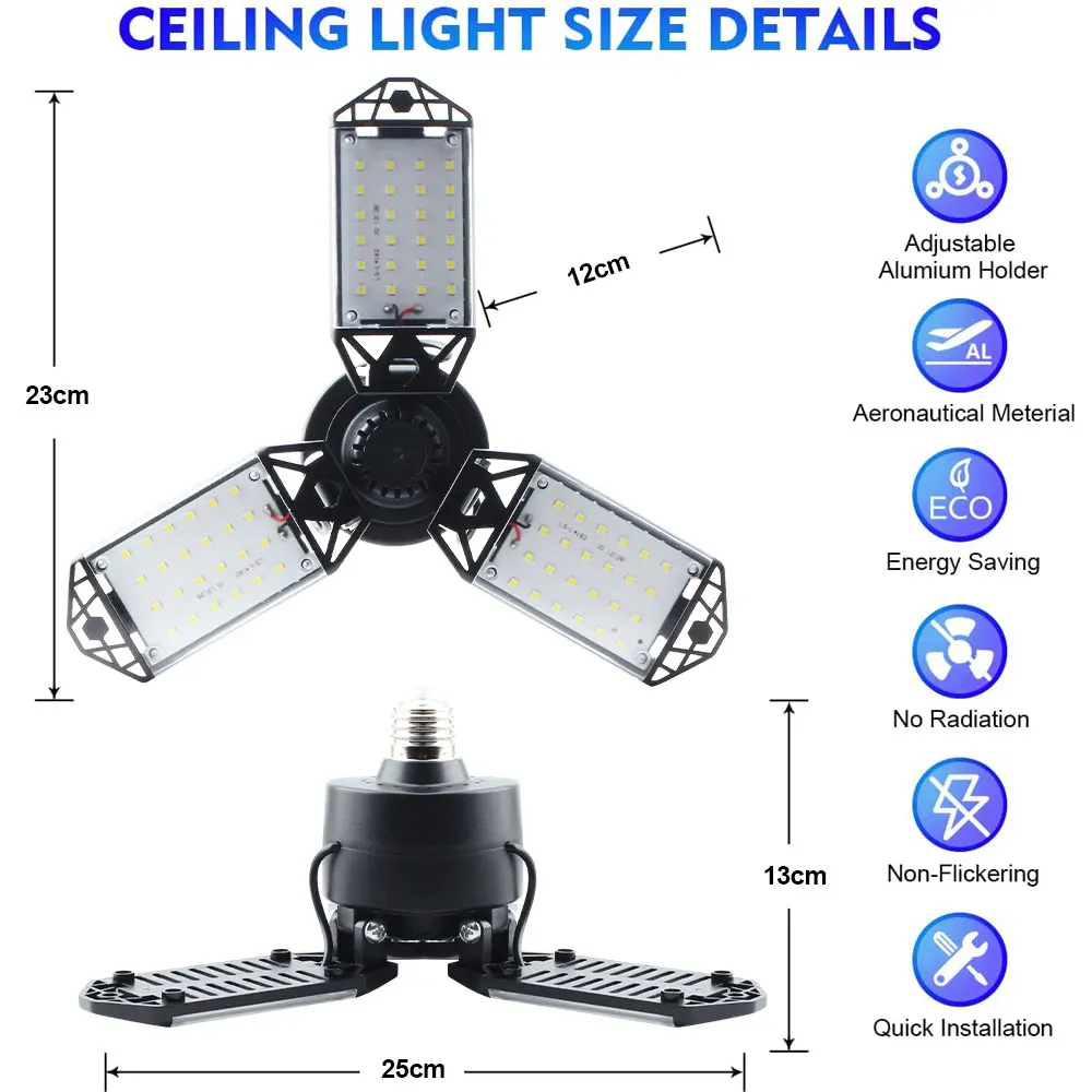 작업장 산업 조명용 LED 차고 전구, 10 개의 조정 가능한 패널 포함, 80W, 6500K, E26, E27 천장 조명, 상점 작업 램프