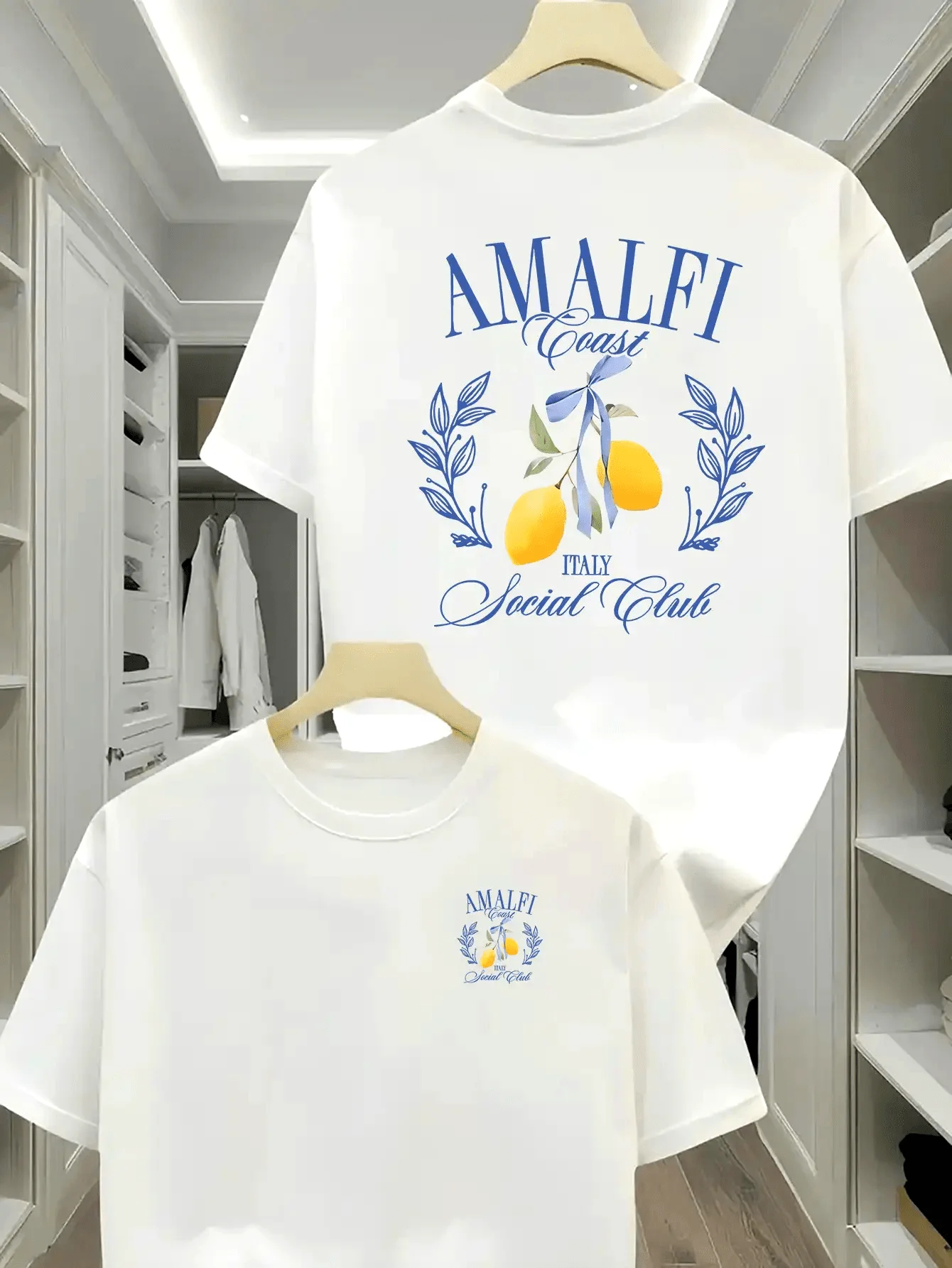 Italienische Küsten-inspirierte T-Shirts mit Amalfi-Zitronen und elegantem blauen Schriftzug, 100% Baumwolle, Herren-T-Shirt im Sommerurlaubs-Stil