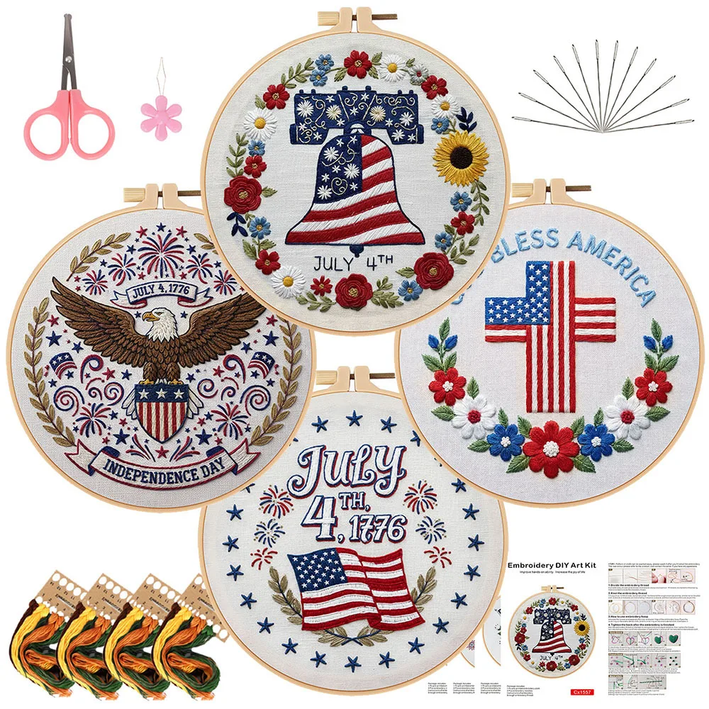 

4pcs/set Independence Day Embroidery Kit with EN Instructions Thread Stamped Cloth with Pattern Kit for Celebration