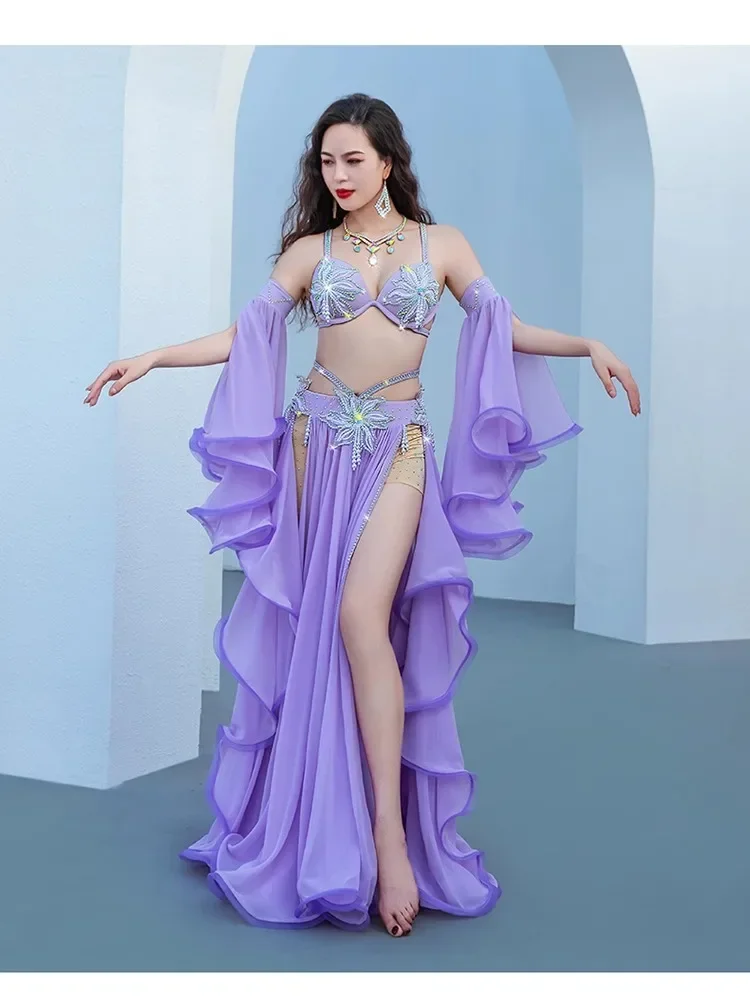 Customized Belly Dance Suit Diamond-Studdedn Bra Split Long Skir Performance Costumes Set Female Adult Top Competition Clothing