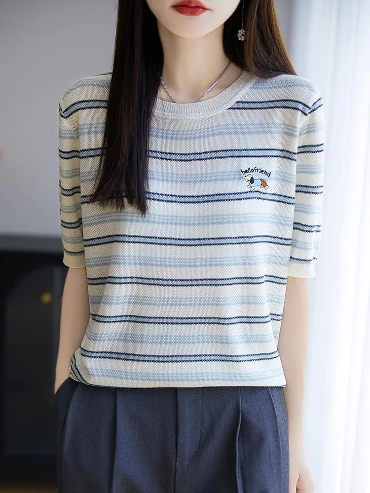 

Свободная круглая футболка Ne ort Sve, женская трикотажная футболка из лиоцеллового шелка с вышивкой собаки, полосатый топ для похудения, цветная блузка