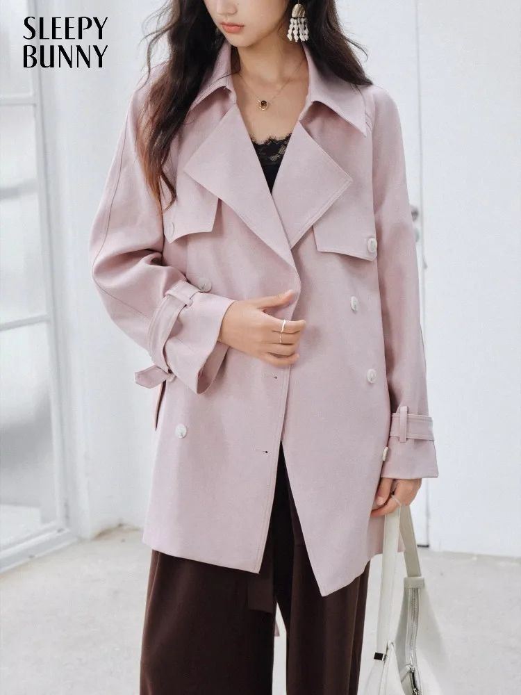 

Vintage Lapel Short Trench Coat Elegant Double-Breasted Jacket with Belt Chic Autumn Outerwear Women Minimalist Fashion Style