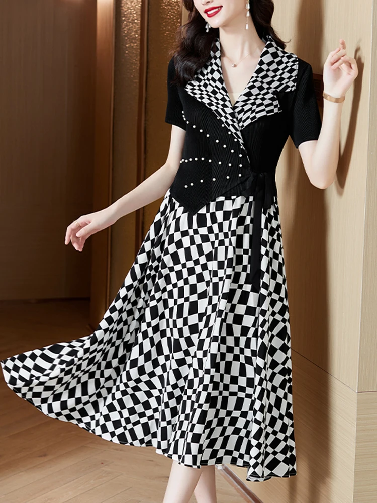 2024 Black Embroidered Flares Patchwork Plaid Midi Suit Dress Women Elegant Office Lady Dress Summer Korean Fashion Casual Dress