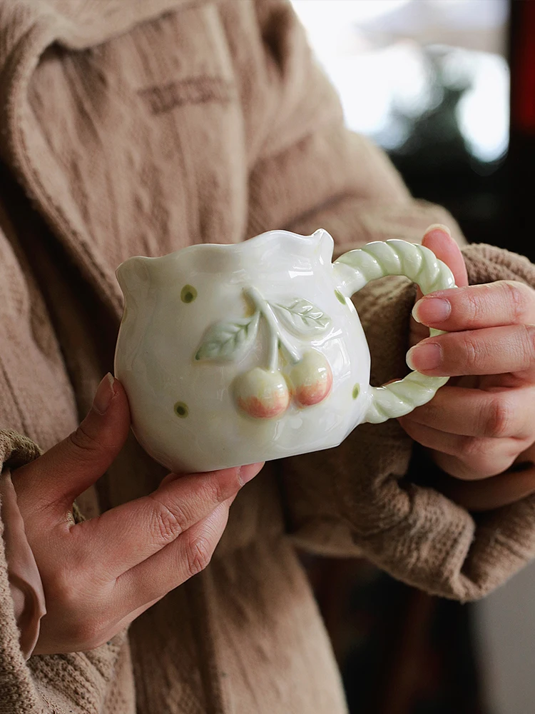 

Ahunderjiaz-Relief Hand-painted Ceramic Mug, Yellow Cherry Coffee, Couple Cup, Pink Flower Art, Tea Cup, Home Decoration