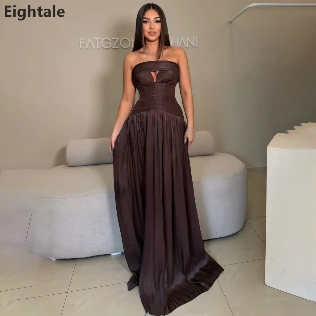 

Eightale 2025 Strapless Silk Maxi Evening Dress Brown A Line Formal Prom Dress Dubai Wedding Party Gown Customized