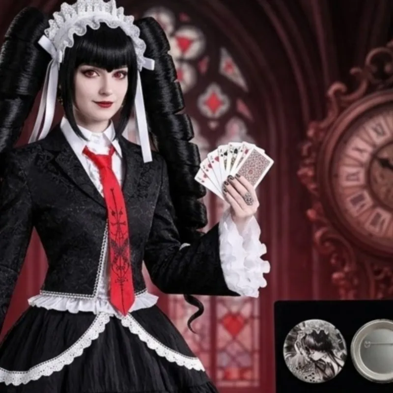 

Yasuhiro Taeko Celestia Ludenberg Dangan Orange Black Lolita Dress Black Curly Wig Prop Halloween Cosplay Navidad Carnaval Event