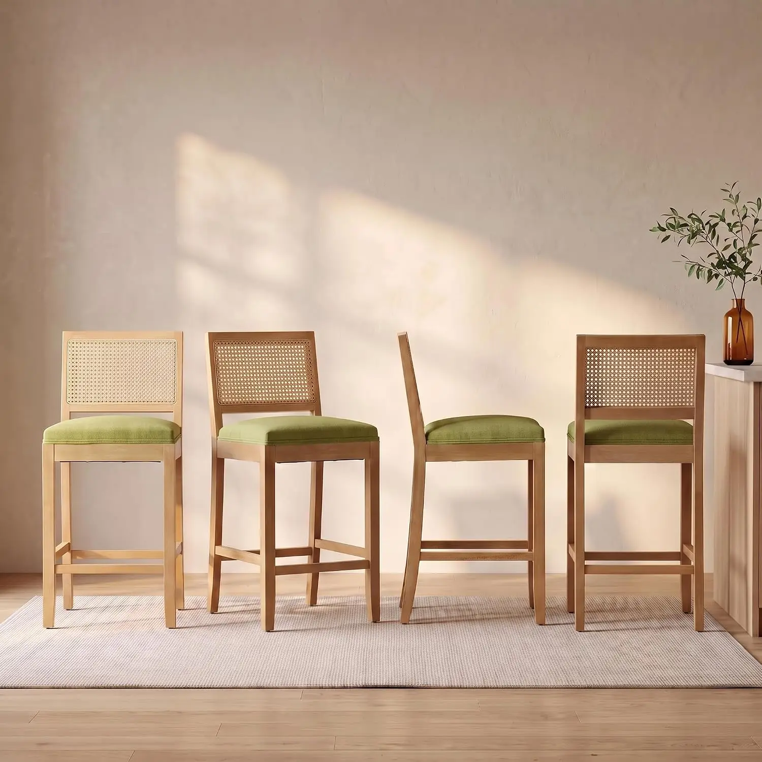 Rattan Back Counter Height Bar Stools 4pcs, Green Linen Seat & Wood Frame, Kitchen Island Dining, 24 Inch, Customized