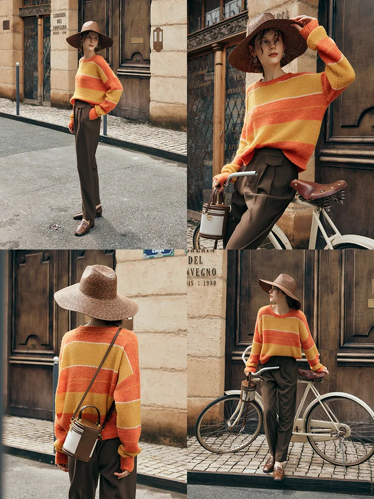 

OLrain Oversize Cozy Pullover Sweater Women 2025 Autumn Soft Loose Fit Knitwear Long Sleeve Contrast Striped Knit Top O23QM66590