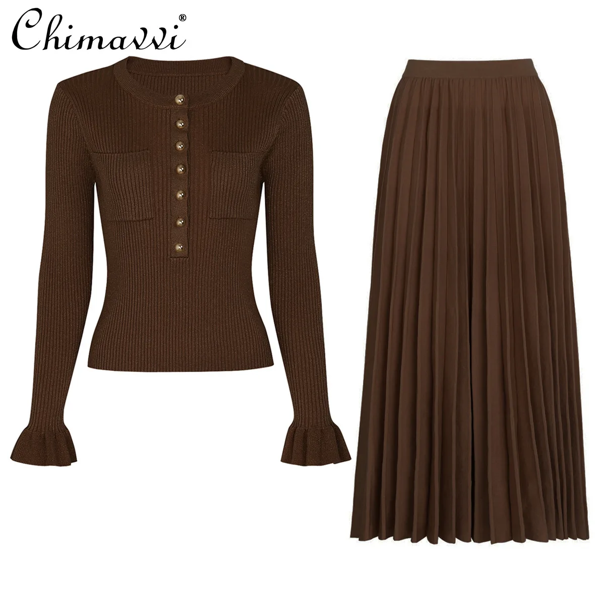 

Высококачественный весенне-осенний новый модный тонкий вязаный топ с длинными рукавами + плиссированная юбка для женщин, элегантный комплект из двух предметов