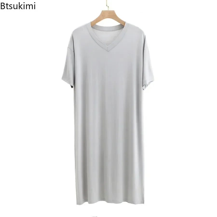 2025 Men's Modal Pajamas Home Clothes Short-sleeved V-neck Mid-length One-piece Nightgown Summer Men's Solid Loose Thin Bathrobe