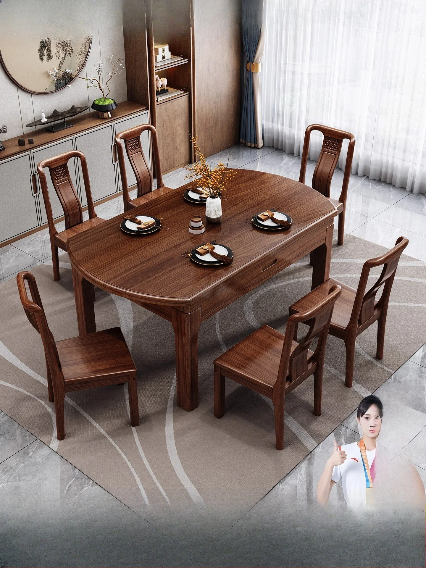 

Ebony, solid wood, dining table, combination, square, dual purpose, foldable, retractable, household