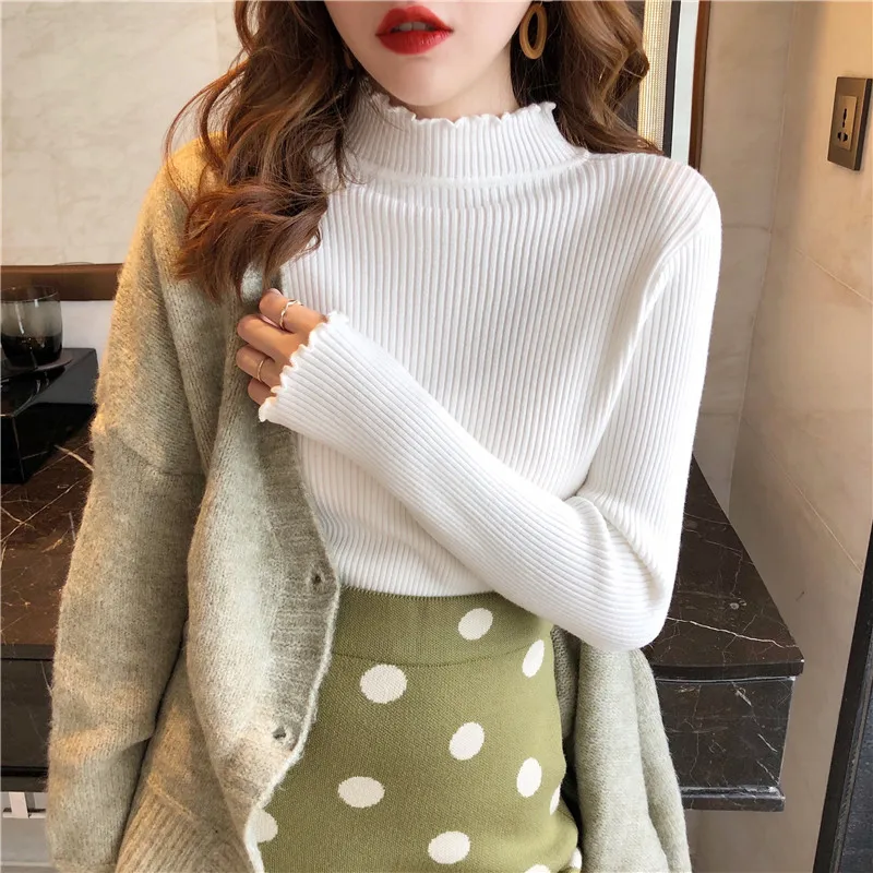 

Knitted Sweater Women Pullovers New Long Sleeve Sueters De Mujer Black Mock Neck Knit Sweater Pullover Women Tops Sweaters Q3207