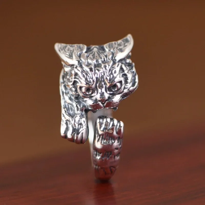 S925 Sterling Silver Charms Rings for Women Men New Fashion Retro Emboss Cartoon 3D Cat Punk Jewelry