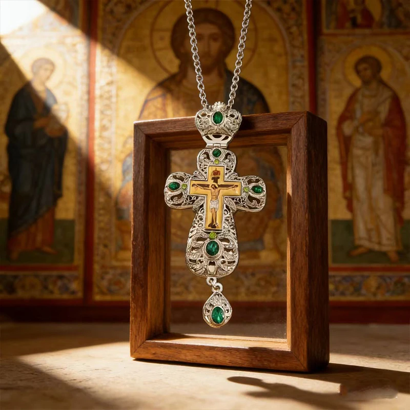 New 2026 Premium Two-Tone Orthodox Cross Necklace with Green Crystal Details and Filigree Craftsmanship for Daily Spiritual Wear