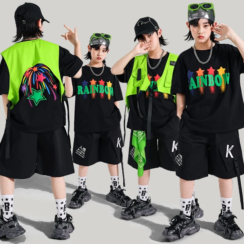 Cool Jazzdansoutfit Jongen Zwart Oversize T-shirt Zwarte Shorts Hiphop Straatdanser Prestatiekleding Mode Streetwear 1898