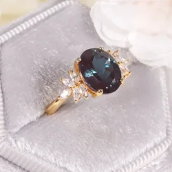 GEM'S BALLET 14K Gold Plated 925 Sterling Silver Large Oval 8x10mm Color Changing Lab Alexandrite Engagement Ring Gift For Her