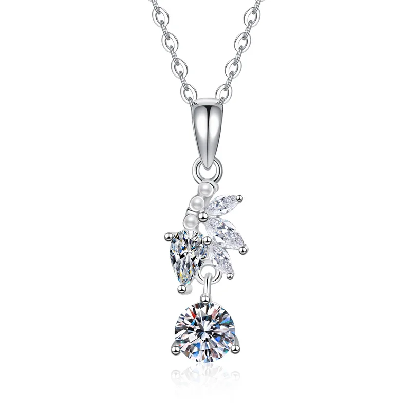 

ZFSILVER Fashion Trendy Classic 925 Silver Moissanite Pearl Leaf Dangle Necklace For Charms Women Accessories Jewelry Gift XL479