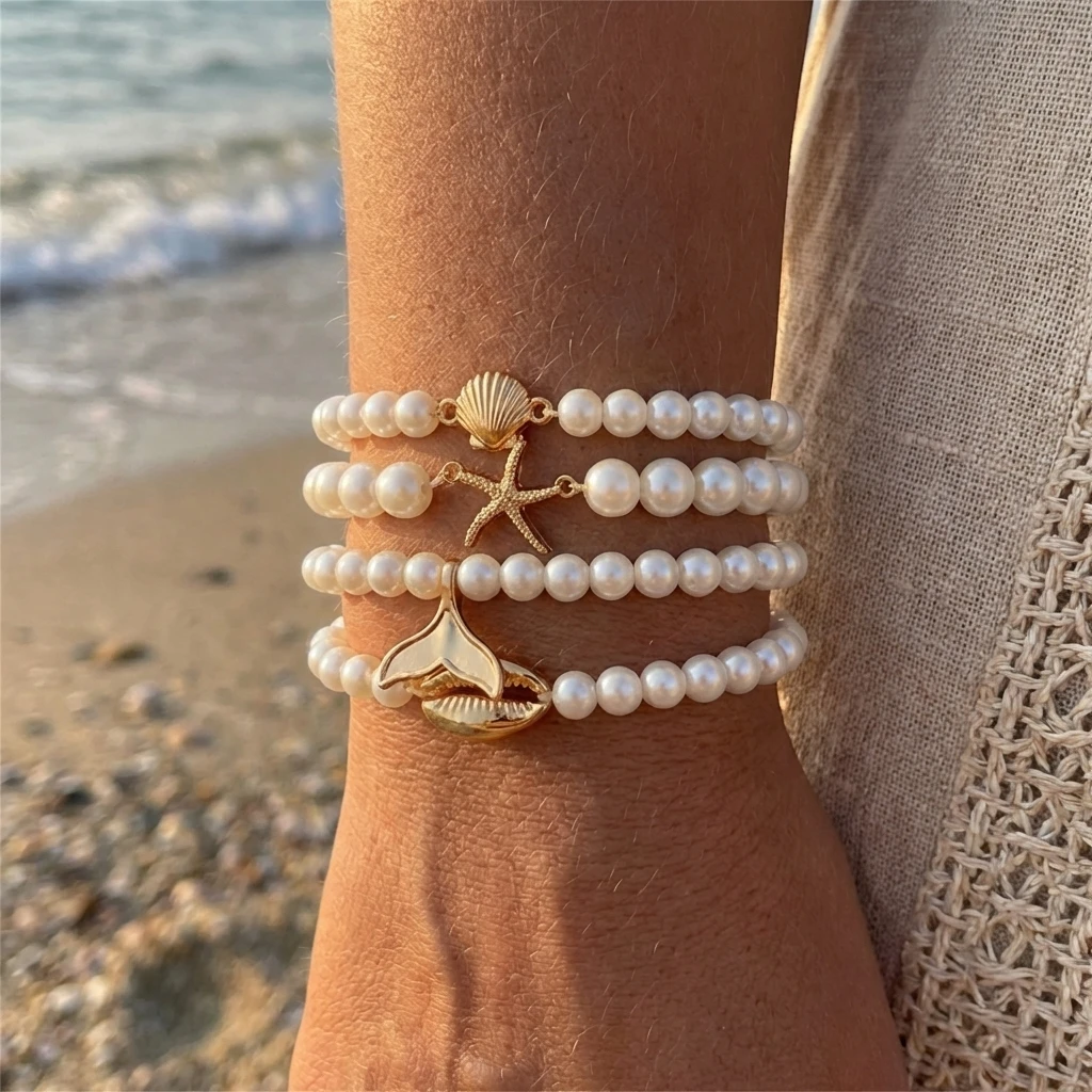 Mermaidcore Mermaid Tail Shell Bead Bracelets for Women Fashion Imitational Pearl Braided Rope Chain Ocean Party Jewelry Gift