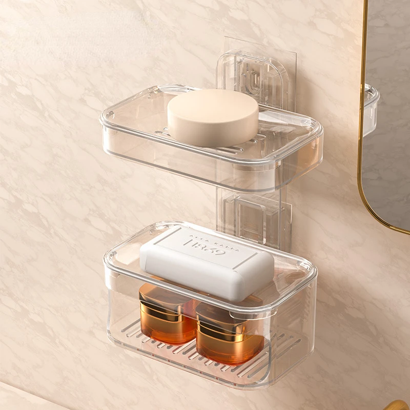 Soap Dishes Double-layer Drain Rack Transparent Wall Hanging Punch-free Installation Home Decor Bathroom Accessories Waterproof