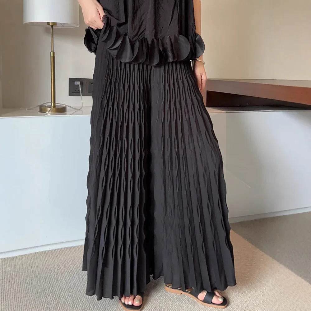 Miyake 2025 Pleated New Solid Color Elastic Waist Folded Wide Leg Pants Women's Fashion Pleated Temperament Elastic Loose Pants