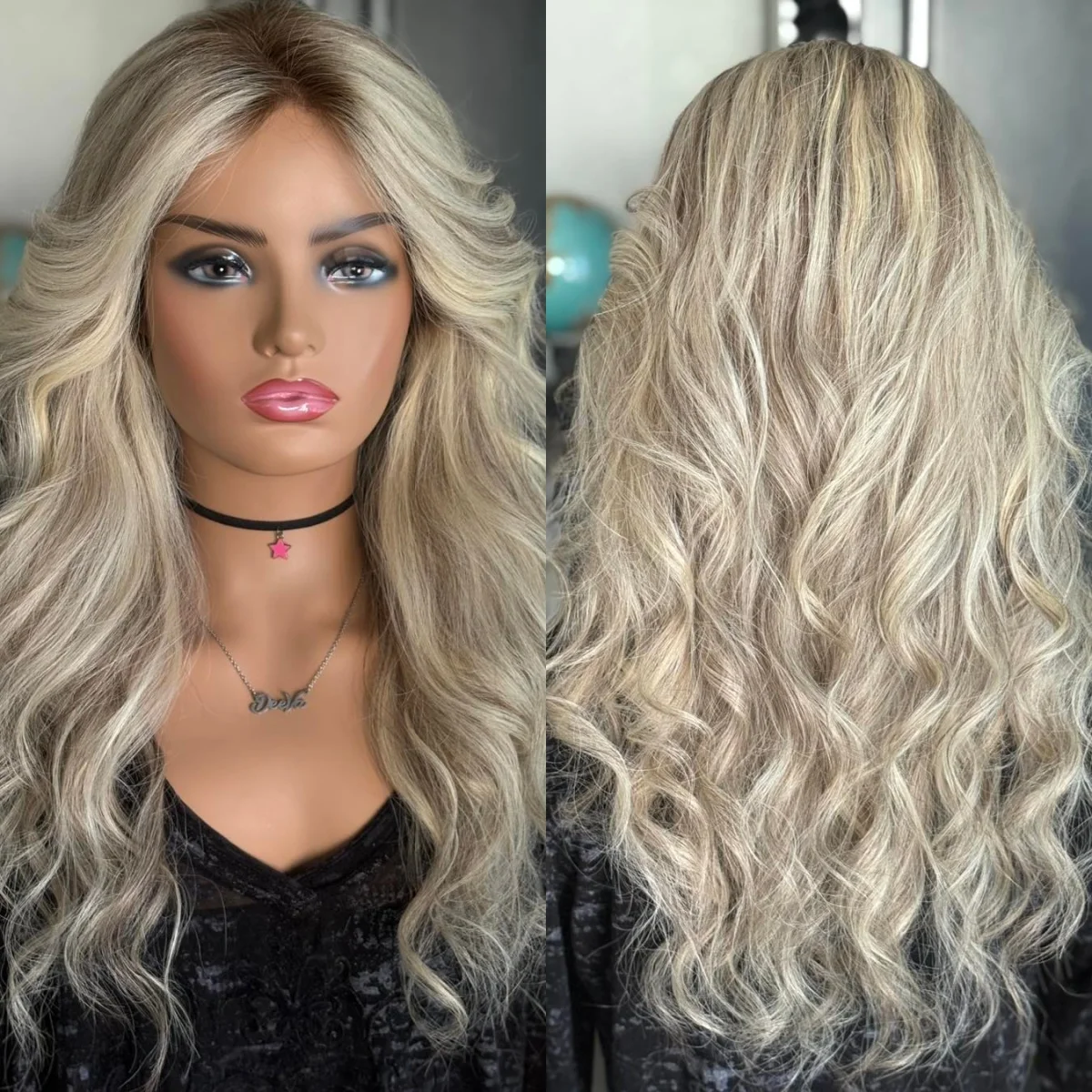

24 Inches White Platinum Blonde Synthetic Lace Frontal Wigs Body Wave Middle Parting Realistic Look Natural Hair Wig Full Roots
