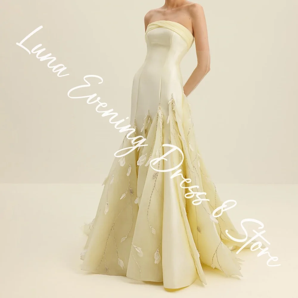 Customized  Exquisite Satin A-Line Appliques and Sequined Evening Dresses Strapless Sleeveless Panel Train Zipper Back